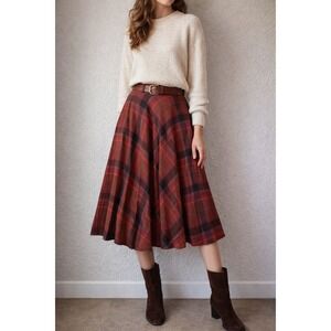 70's Claude Vintage Plaid Midi Skirt Rust Red Wool Blend ILGWU Made in USA